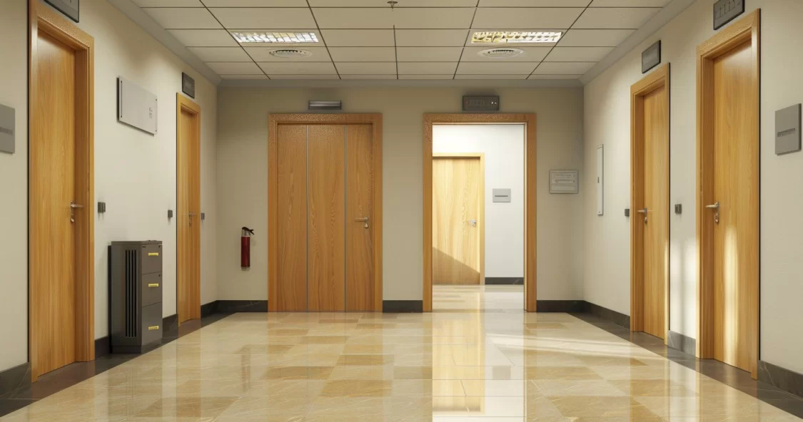 Fire door featuring a visible safety label and fire rating certification for enhanced safety.