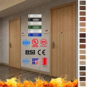 Durable wood fireproof doors from China’s top factory, approved for USA, Canada, and Mexico. Ideal for apartment rooms, ensuring safety.