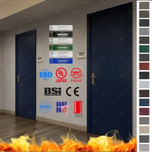 Explore blue modern wooden doors, fire-rated for safety and durability.