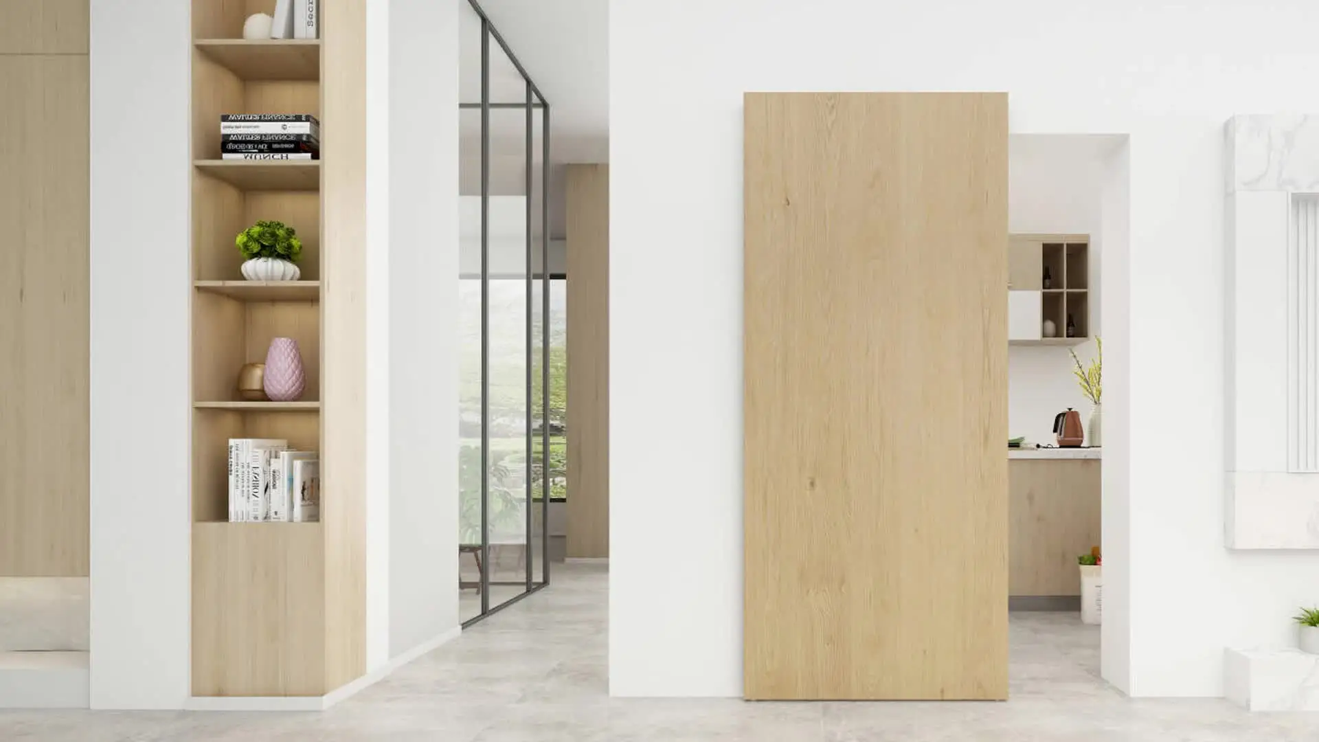 Invisible door showcasing a flawless integration with the surrounding paneling, ideal for contemporary spaces.