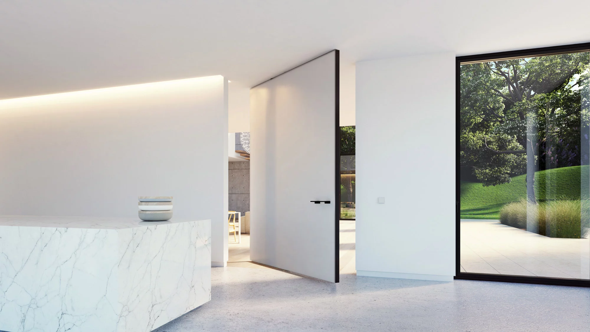 Invisible door installation in a luxury apartment, offering functionality without compromising on style.