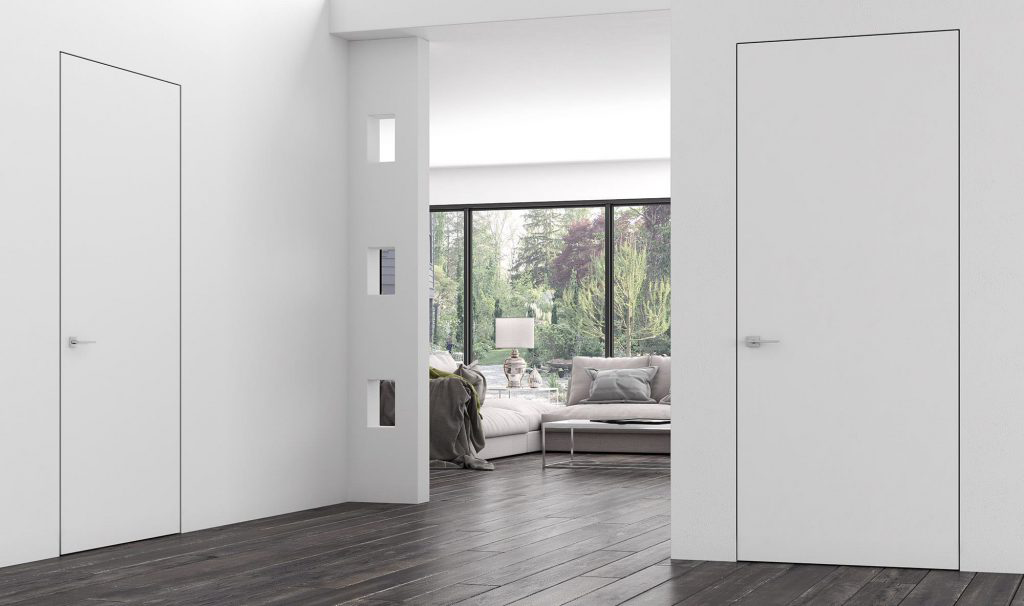 Pivot invisible door opening smoothly in a contemporary living room.