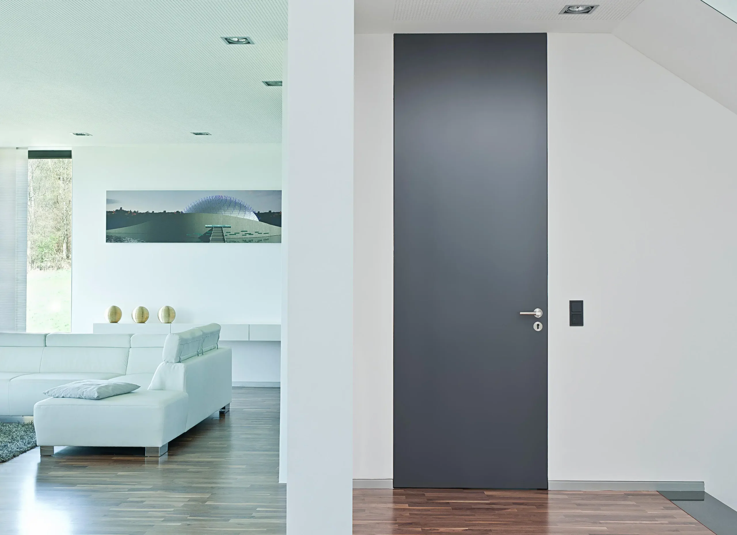 Minimalist flat door with a smooth, smooth surface in a neutral color.