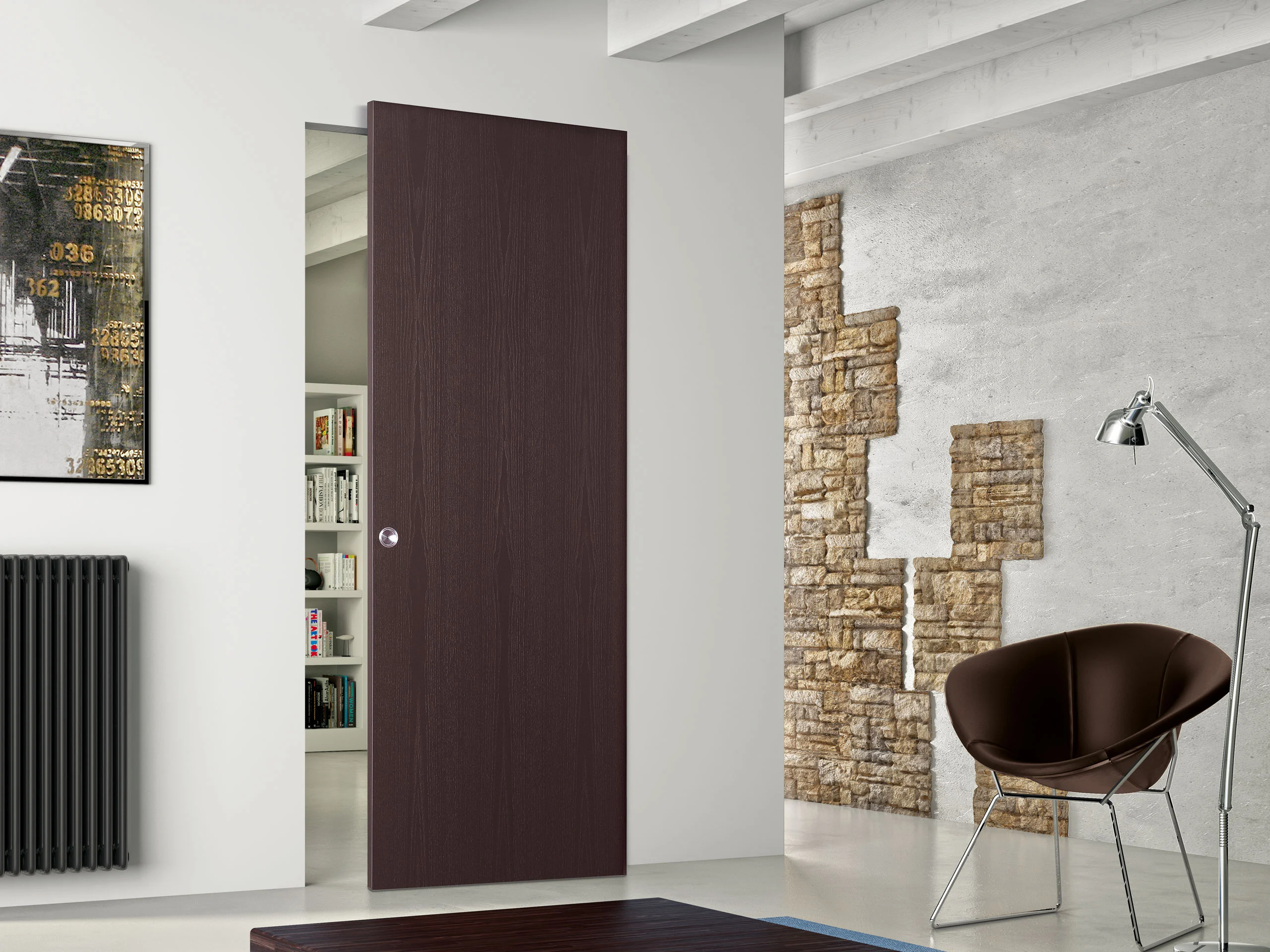 Sophisticated Door in a dark, contemporary room, enhancing the stylish and enigmatic atmosphere.