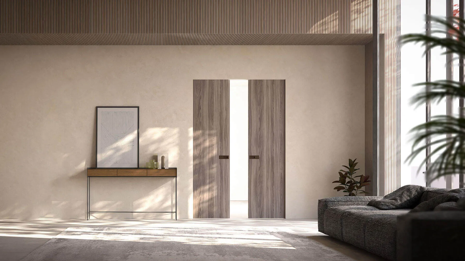 Frosted glass pocket door in a luxurious bathroom, adding privacy while allowing natural light.